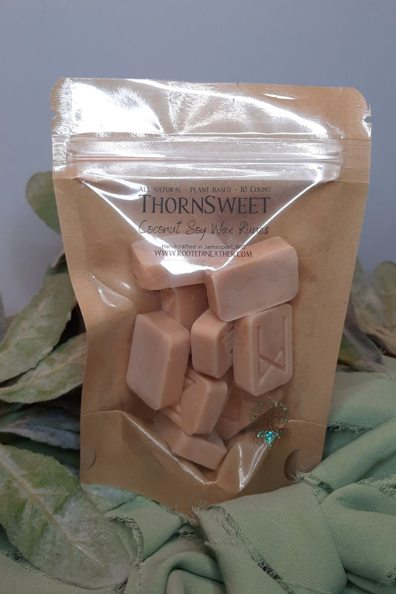 Package of Thornsweet coconut soy wax melts on a textured surface with a neutral background