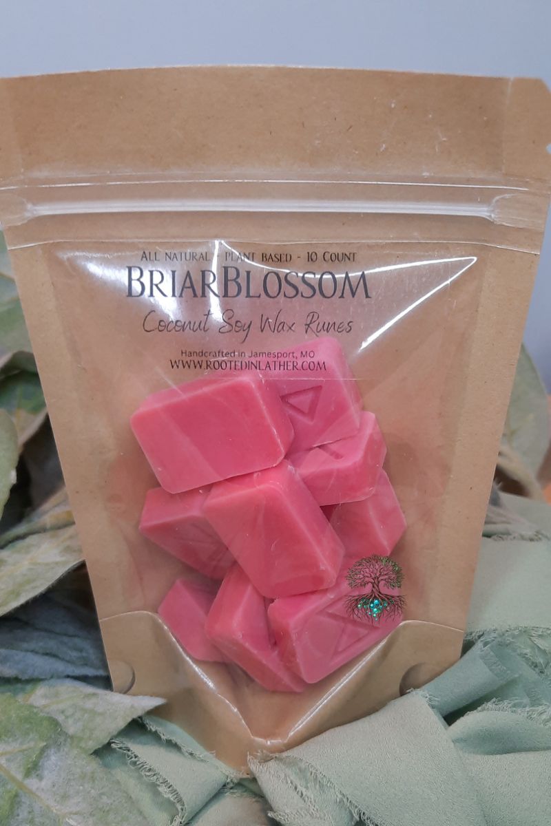 Bag of pink wax melts labeled 'BriarBlossom' on a green leafy background