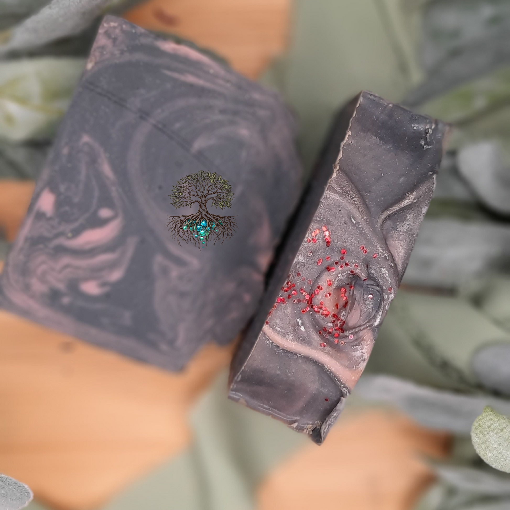 black and pink swirl in this hemp soap bar.  Hemp soap bar is topped with red biodegradable glitter. 