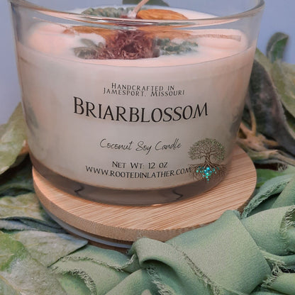 Coconut soy candle labeled 'Briarblossom' on a wooden coaster with greenery in the background.