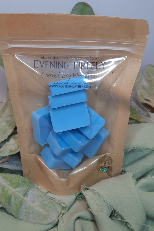 Packaged coconut soy wax melts with visible branding on a green leafy background