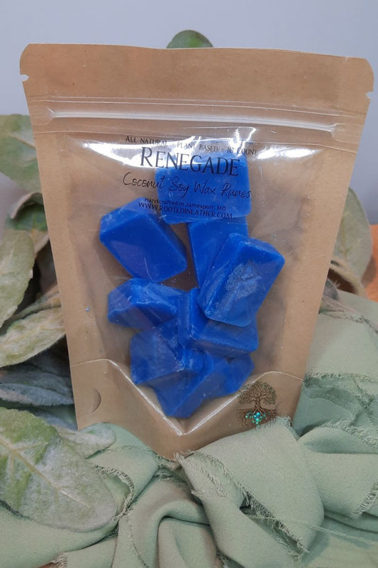 Packaged blue wax pieces with 'Renegade' branding on a green leafy background